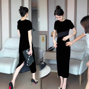 网红爆款金丝绒连衣裙女2023年夏季新款气质减龄显瘦短袖圆领长裙