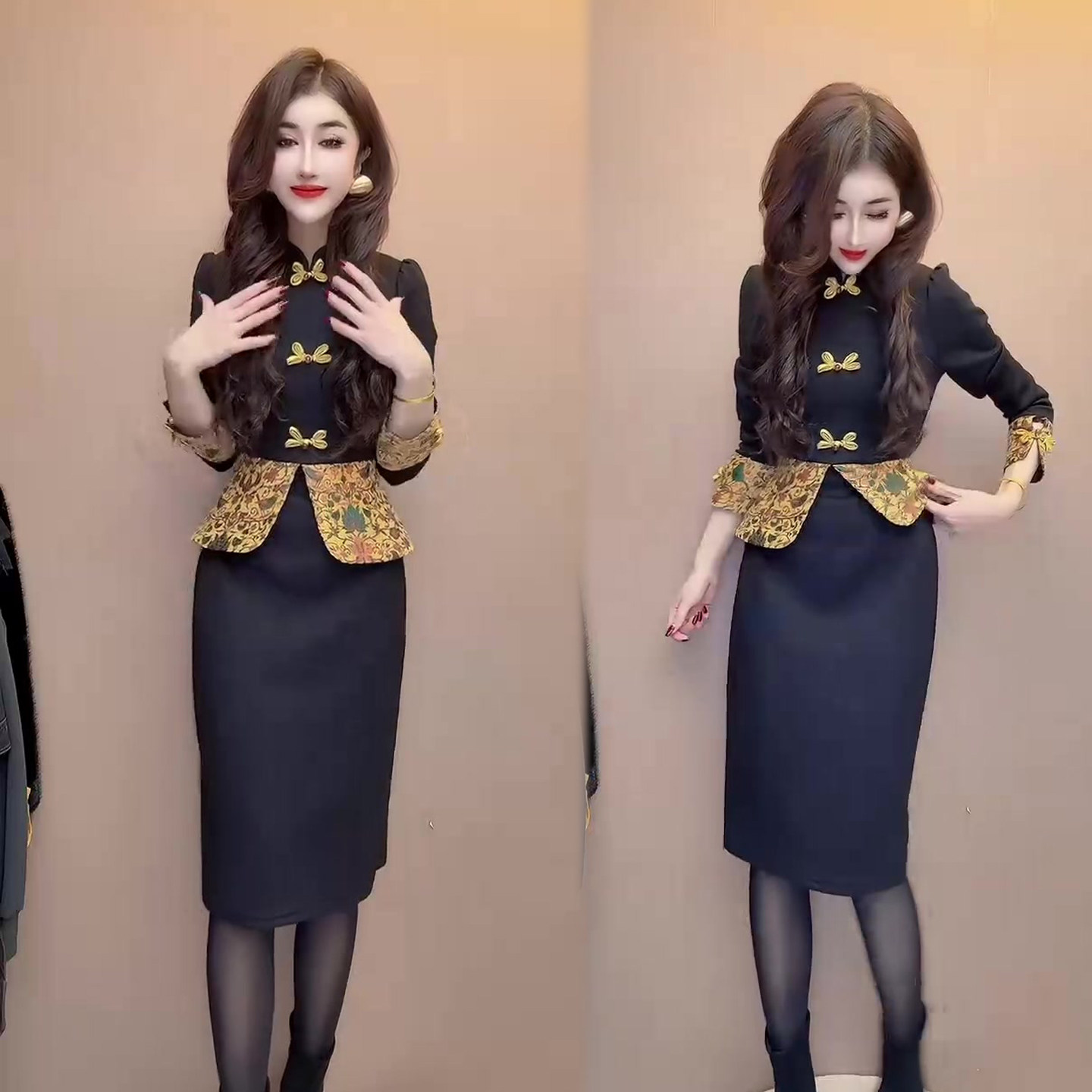 民族风假两件连衣裙女2026春季新款拼接设计感立领盘扣中长裙女裙