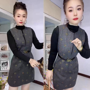 新款 裙2025冬季 半高领打底衫 烫钻砍袖 高级感时尚 裙两件套装 套装