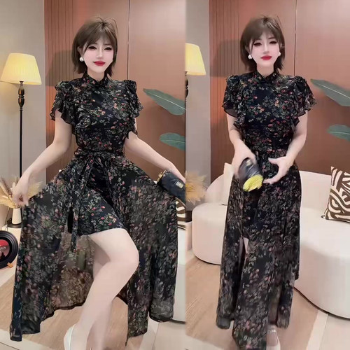 气质碎花连衣裙围裙两件套女