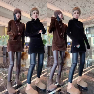 堆堆领丝绒中长款打底衫女2025冬季新款宽松遮肉显瘦百搭网红上衣