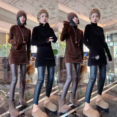 堆堆领丝绒中长款打底衫女