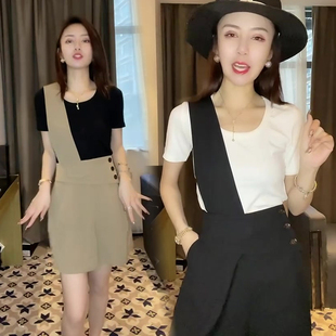 韩版 女短裤 显瘦2021年夏季 阔腿裤 T恤两件套 网红通同款 短袖 背带裤