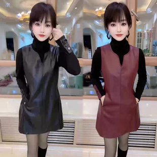 网红PU砍袖 新款 连衣裙 高领打底衫 韩系套装 两件套装 裙女2025冬季