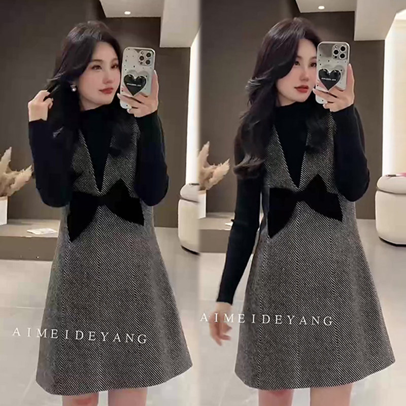 韩系时尚洋气两件套女冬季半高领修身显瘦打底衫蝴蝶结拼接背心裙,女装/女士精品,时尚套装,淘宝优惠券,粉丝福利购,淘宝优惠卷