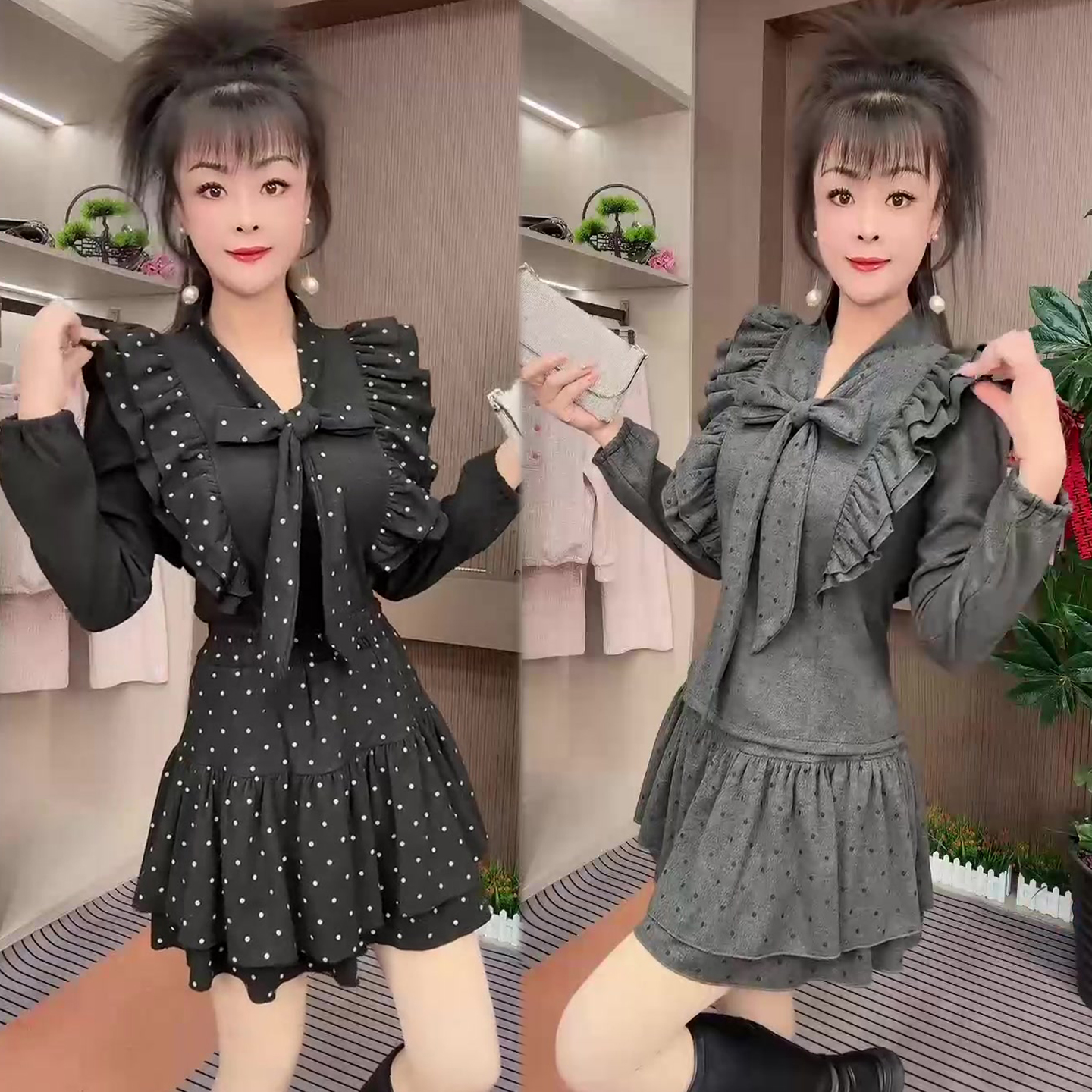 花边拼接蝴蝶结连衣裙女