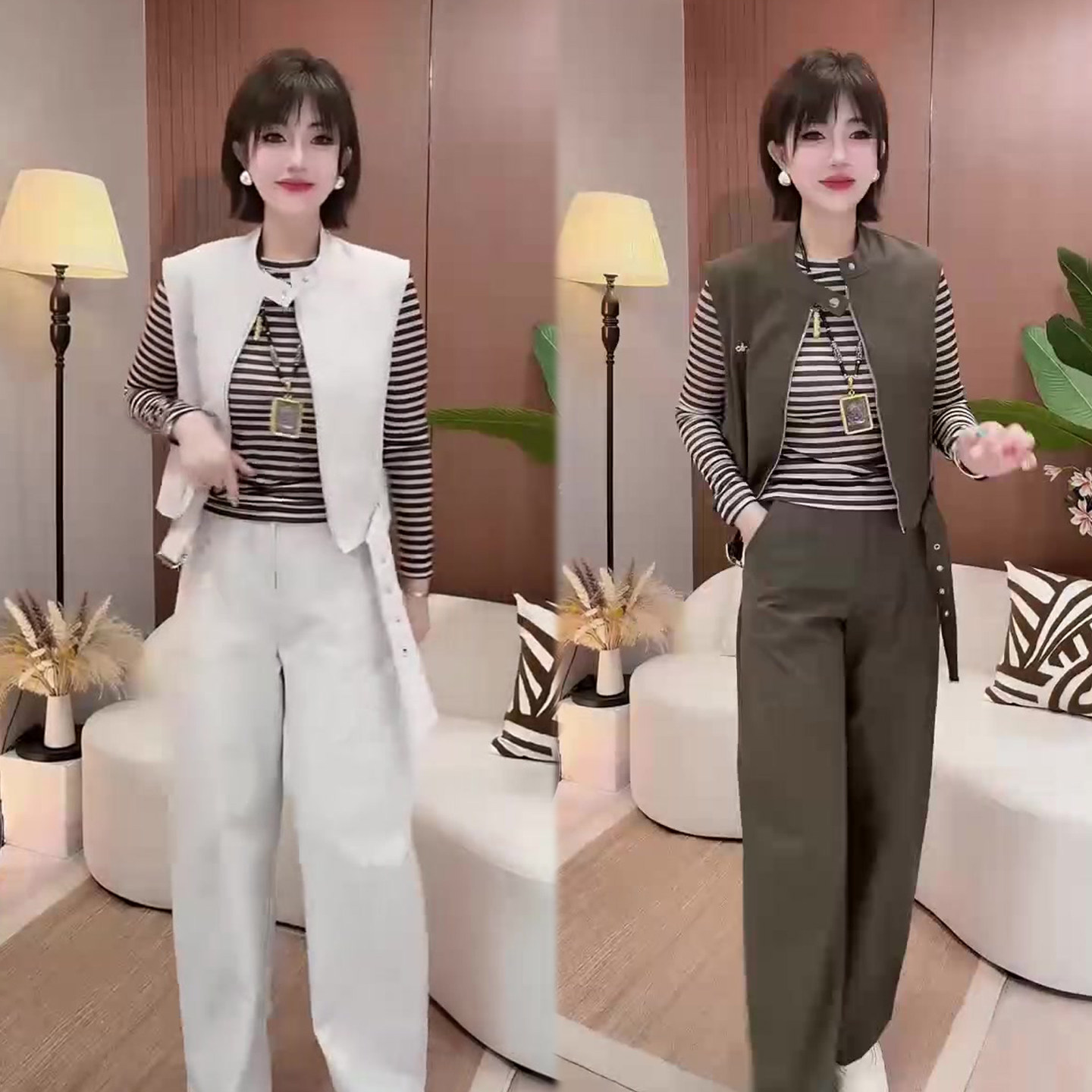 网红同款时尚套装女2026秋季新款马甲+条纹打底衫+阔腿裤三件套装
