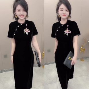 重工刺绣丝绒连衣裙女2026夏季新款新中式国风时尚气质长裙女裙子