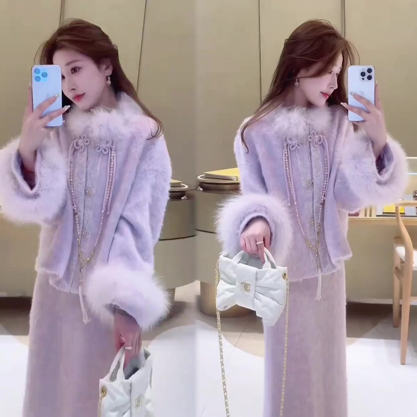 新中式减龄套装裙冬季新款网红流苏盘扣毛绒外套+遮肉半身裙两件