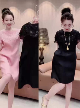 重工亮片披肩短袖连衣裙女