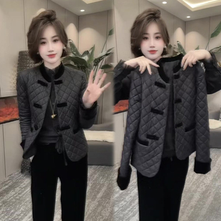 国风丝绒拼接压格棉服外套女冬季 时髦洋气遮肉显瘦百搭棉袄潮 新款
