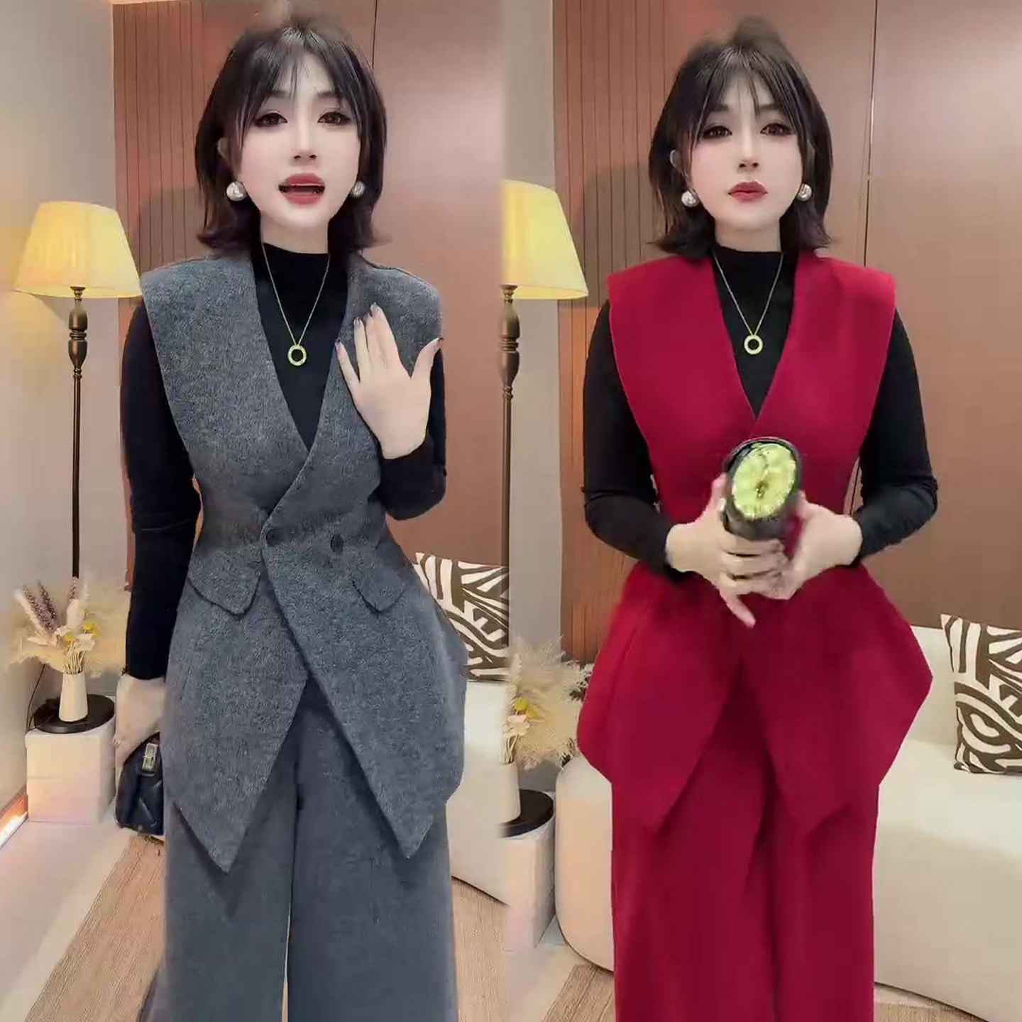 纯色净版套装女2026春季新款毛呢马甲+黑色打底衫+阔腿裤三件套装,女装/女士精品,时尚套装,淘宝优惠券,粉丝福利购,淘宝优惠卷