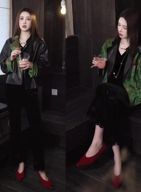 欧货气质套装女PU皮外套+丝绒裤