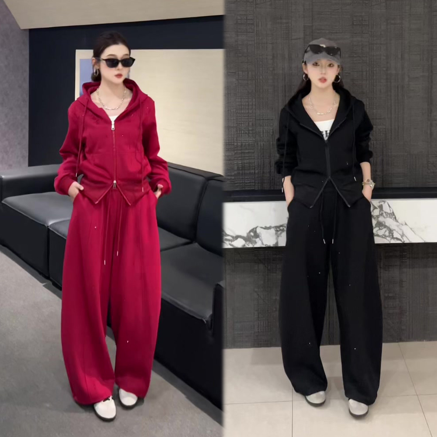 韩版休闲运动套装女2026春季新款连帽开衫卫衣+抽绳长裤两件套装