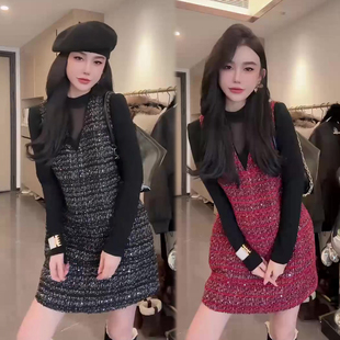韩系套装 编织粗花呢砍袖 裙2025冬季 网纱打底衫 裙两件套 新款 时尚