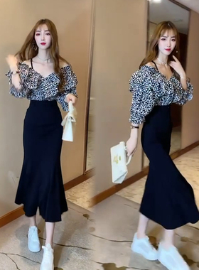 网红同款时尚套装女大V领上衣鱼尾裙韩版洋气高端2021年夏两件套