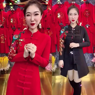网红同款2021年新年装唐装上衣中长款民族风显瘦刺绣连衣裙旗袍潮