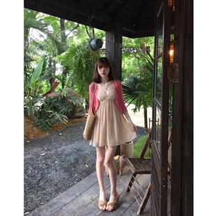 法式温柔风套装女夏玫红色蕾丝开衫修身v领扭结雪纺连衣裙两件套