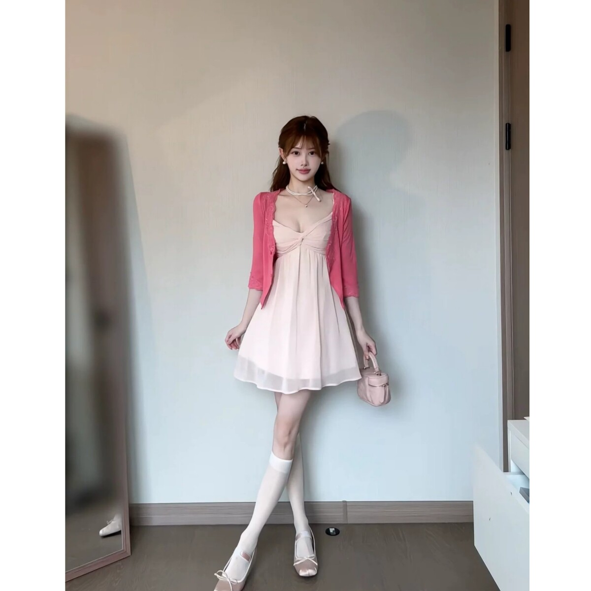 法式温柔风套装女夏玫红色蕾丝开时尚套装