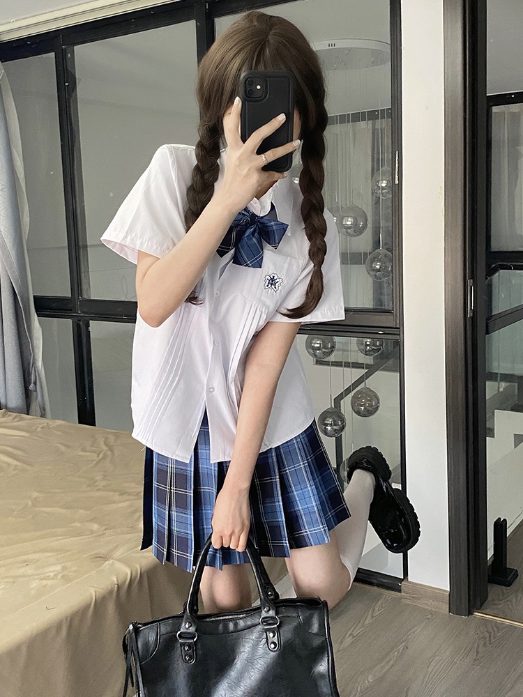 原创小岚中jk制服短袖衬衫夏季白色风琴褶衬衣学院风上衣套装女生