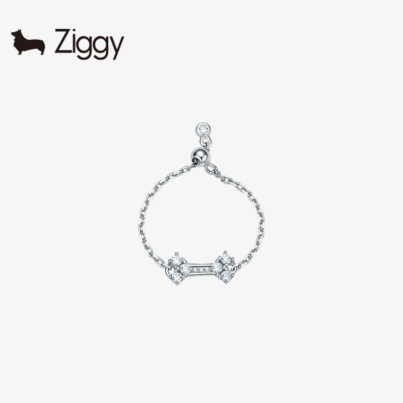 ZIGGY/芝一格 像素系列-可爱骨头戒指 925纯银时尚链式可调节尾戒