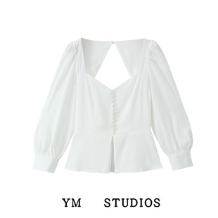 包邮 白色洋气修身 法式 衬衫 上衣 宫廷风爱心领前排扣开叉灯笼袖