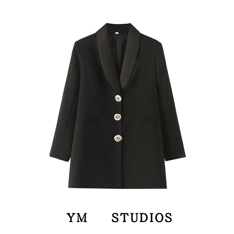 【包邮】御姐风青果领拼接气质黑色显瘦西装秋季单排扣高级感外套