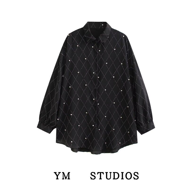 【包邮】欧美风复古黑色烫钻钉珠长袖衬衫港味重工宽松开衫舞蹈衫