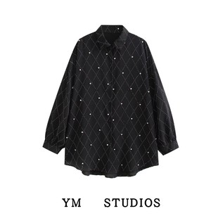 【包邮】欧美风复古黑色烫钻钉珠长袖衬衫港味重工宽松开衫舞蹈衫