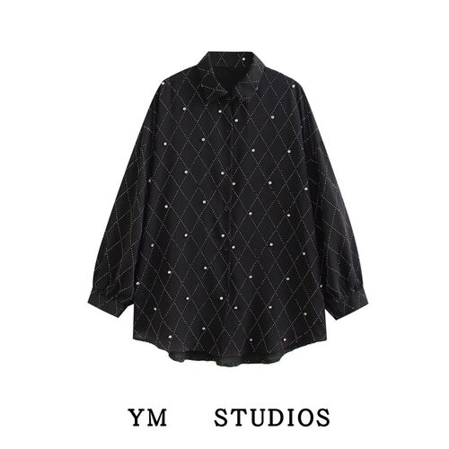 黑色烫钻钉珠长袖衬衫港味