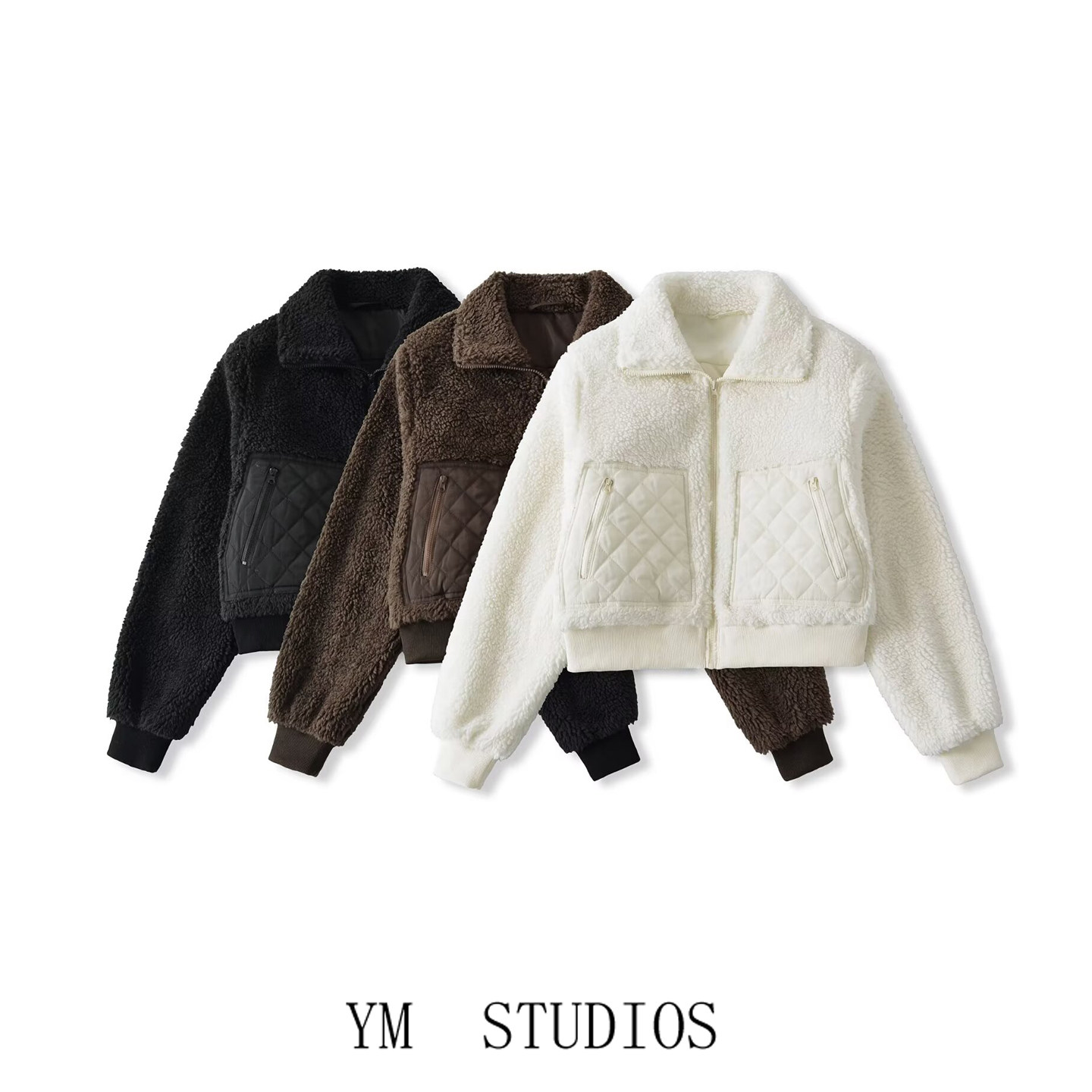 欧美女装  加厚毛绒质感绗棉短款外套女秋冬季辣妹高腰羊羔毛夹克