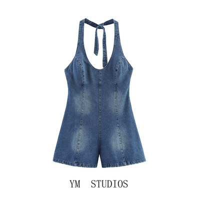 【包邮】美式复古挂脖领露美背牛仔连体裤女夏季少女减龄显瘦短裤