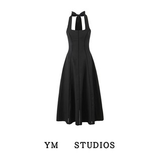 【包邮】博主风复古挂脖露背黑色连衣裙收腰优雅中长款礼服裙子夏