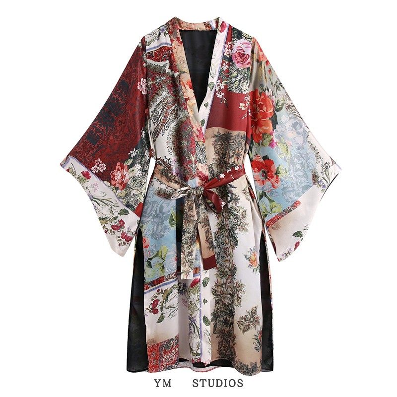 日式复古拼布和服宽松外搭长裙