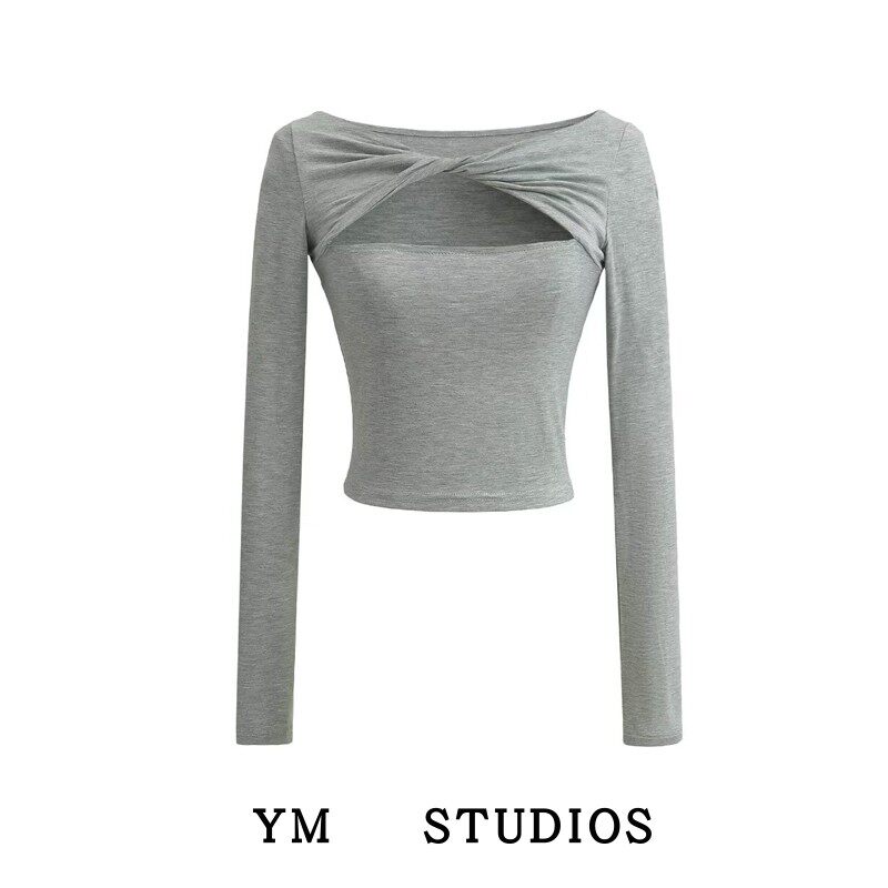 【包邮】纯欲风扭结设计感长袖T恤女心机镂空小个子辣妹打底衫春