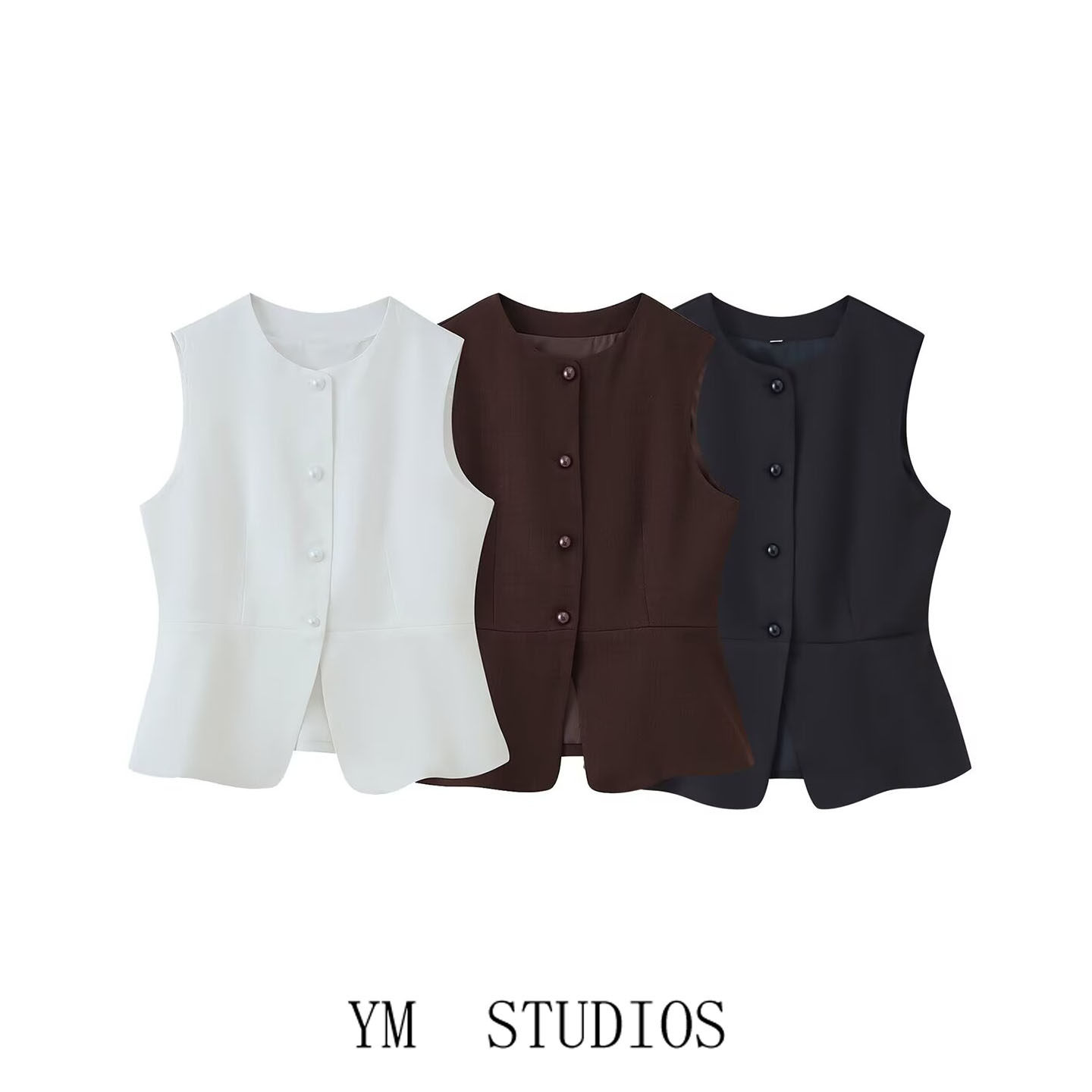 欧美女装   轻熟职场风圆领单排扣西装马甲女百搭收腰坎肩上衣潮