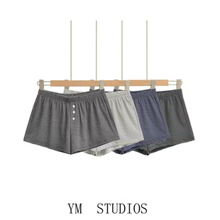 欧美女装   BM美式灰色低腰纽扣饰条纹短裤女松紧腰居家三分热裤