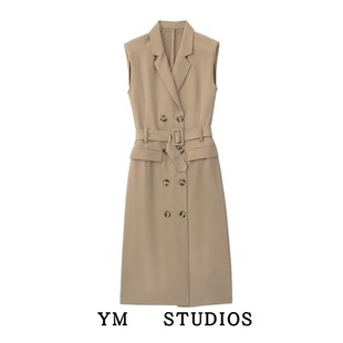 欧美女装 长款马甲式连衣裙高质感御姐范无袖系腰带风衣气质长裙