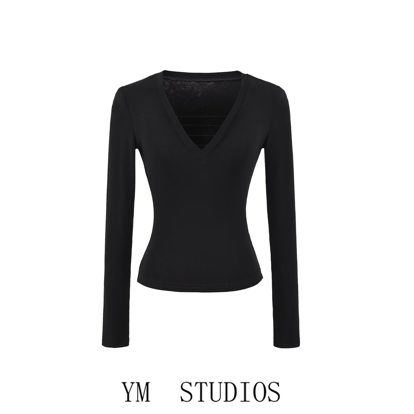 欧美女装简约款黑色V领拼接带子长袖T恤女2026春装短款打底衫