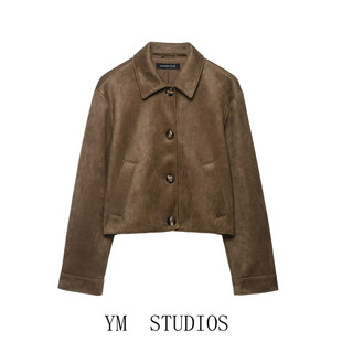 欧美女装 复古翻领棕色麂皮绒绒面质感短款外套女秋冬工装夹克