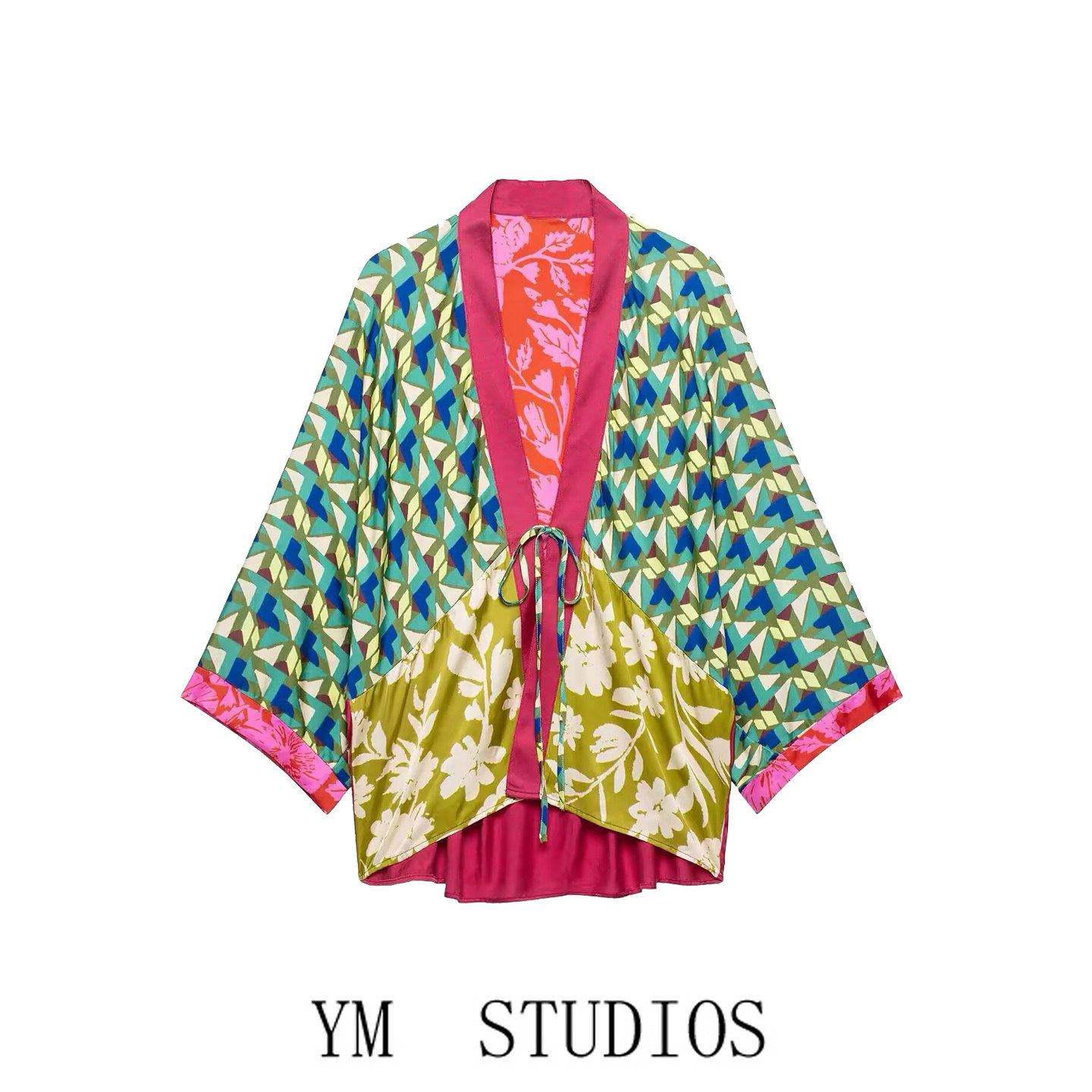 波西米亚花朵拼色V领和服开衫