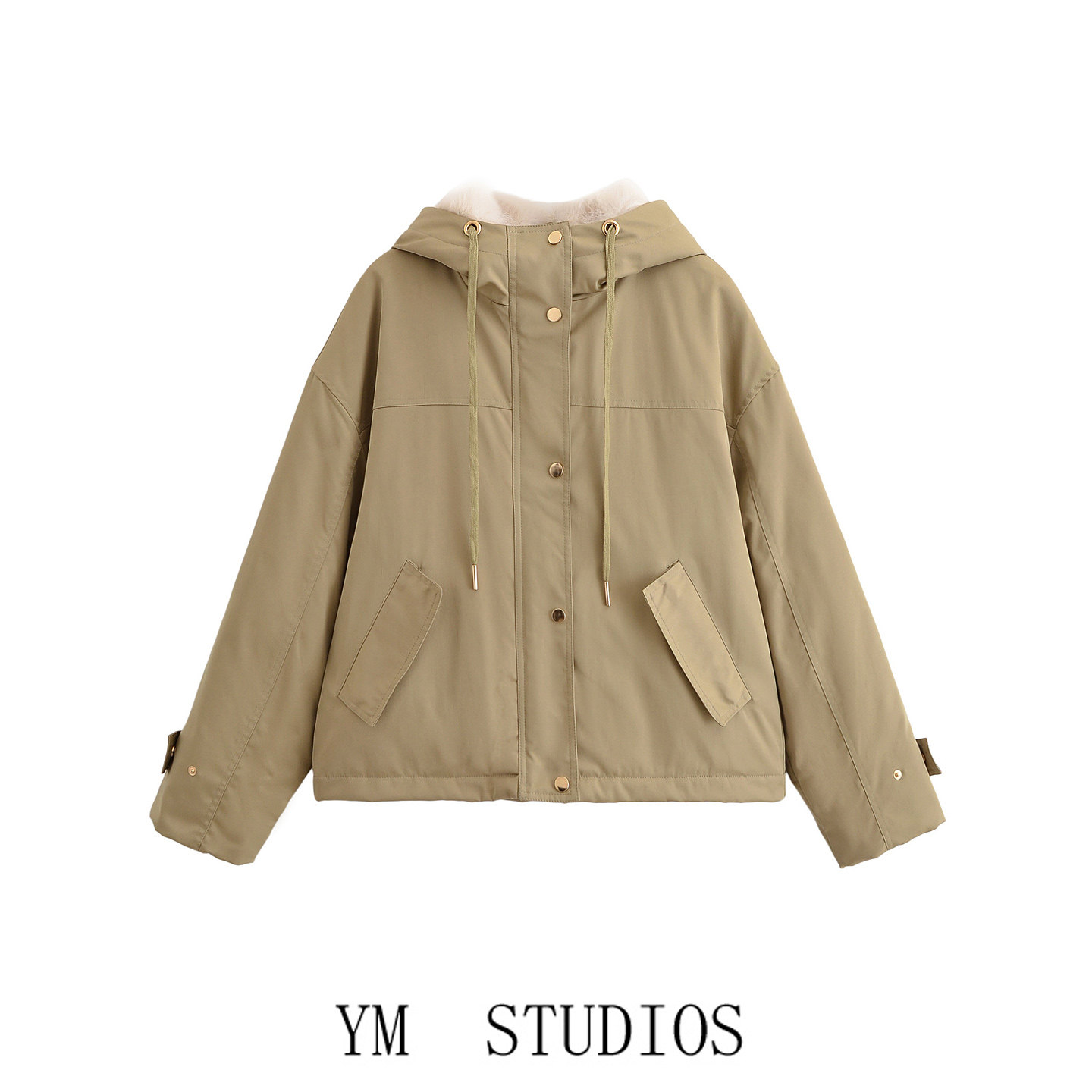其色连帽毛绒大毛领派克服