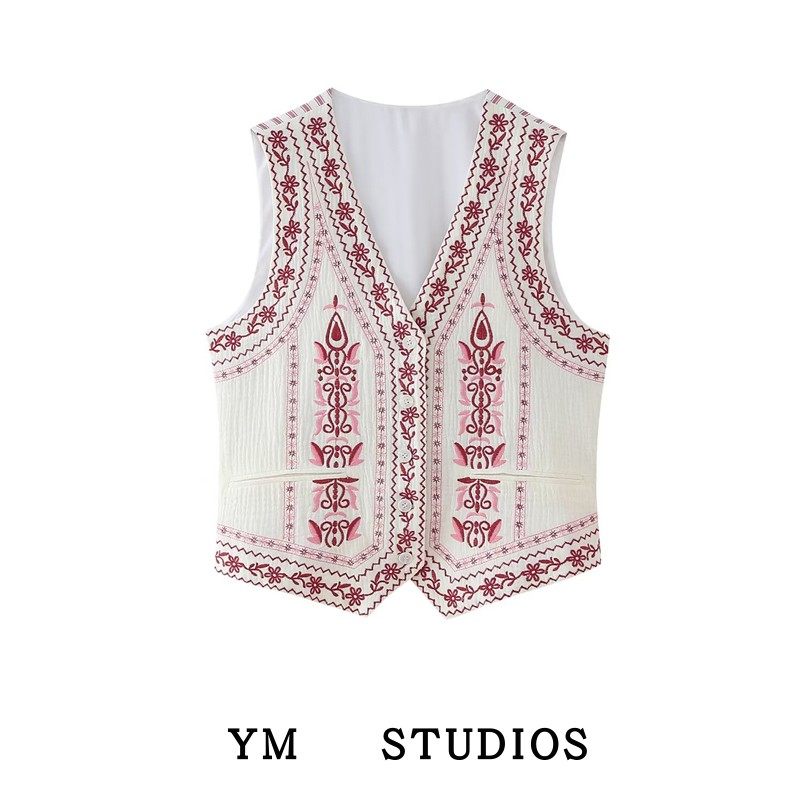 重工刺绣单排纽扣马甲女夏