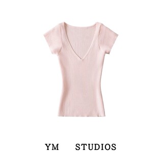 【包邮】纯欲风粉色正肩V领针织短袖t恤女夏季薄款弹力打底衫上衣