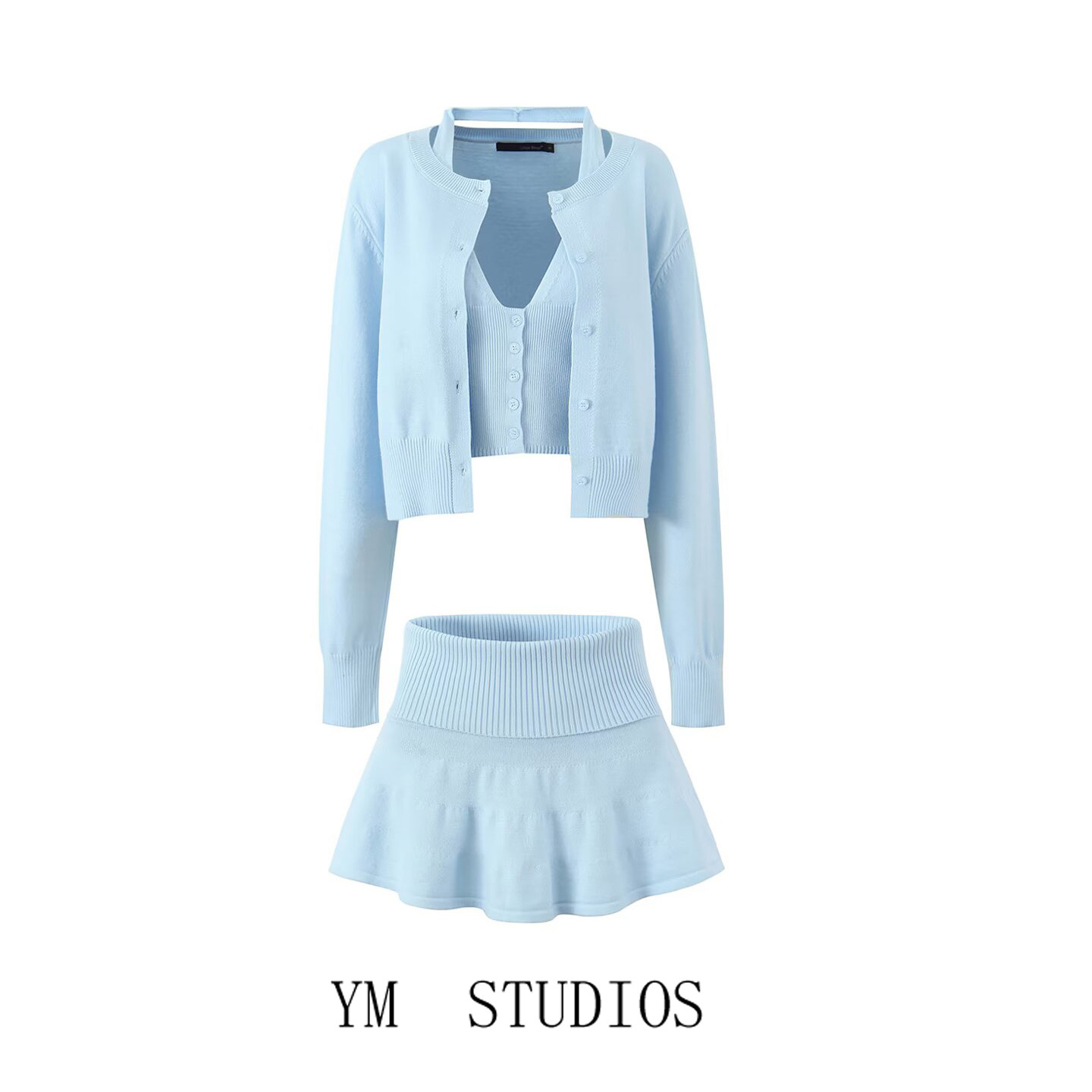 复古圆领针织开衫+挂脖短款背心