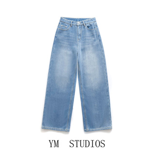 欧美女装  美式高腰浅蓝色加绒直筒牛仔裤女冬季显瘦保暖阔腿长裤