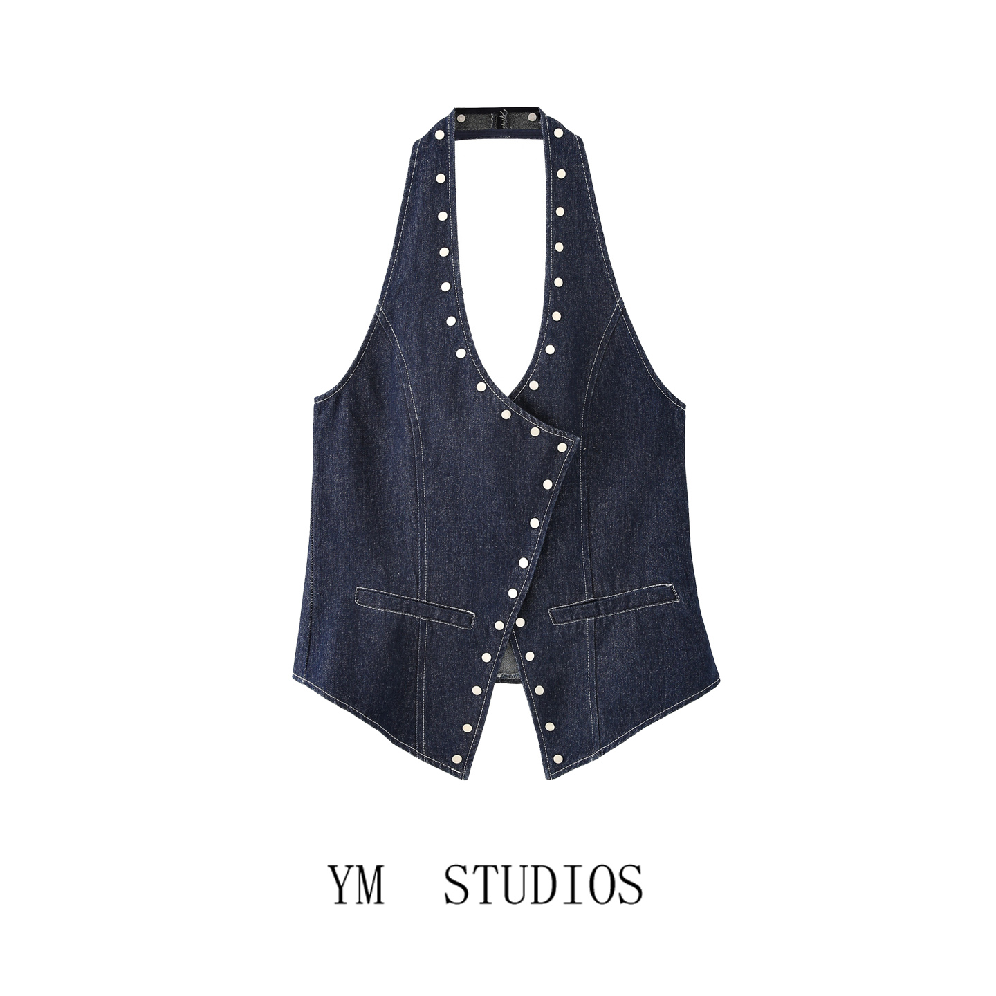 铆钉装饰挂脖露背牛仔挂脖上衣