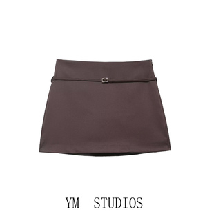 欧美女装   得体风棕色腰带饰半身裙内含防走光A字裙裤短裙包臀裙