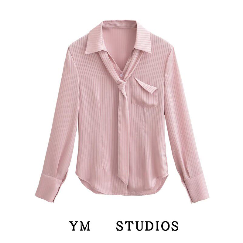 【包邮】学院风设计感领结系带缎面条纹衬衫收腰学姐长袖打底衬衣