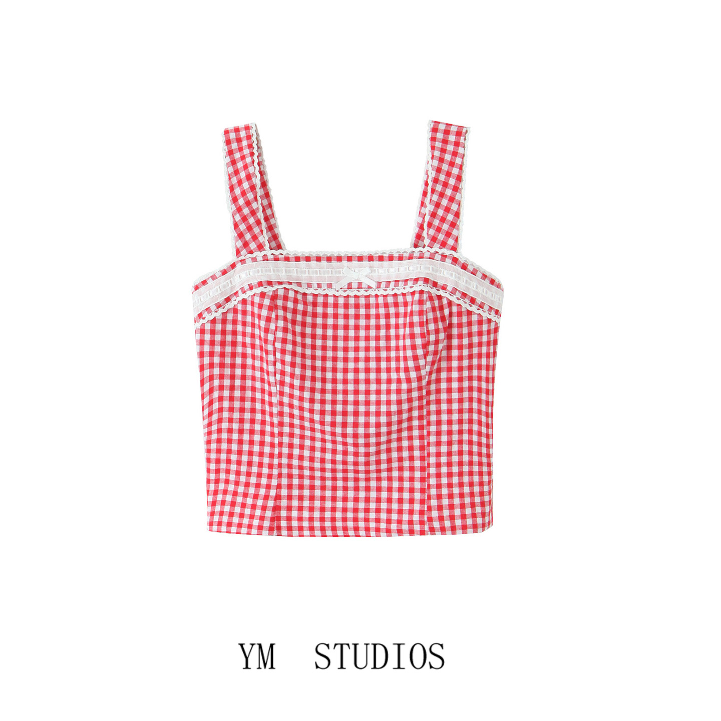 红色格子撞色蝴蝶结饰背心